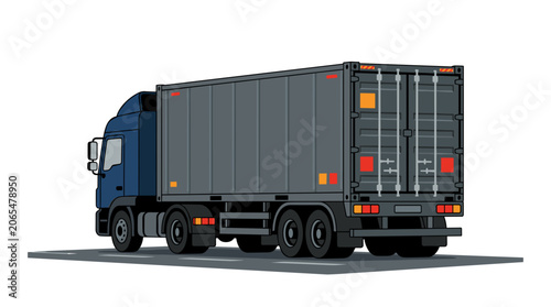 Blue truck with grey cargo container on white background.