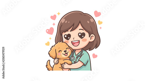 Cute veterinarian hugging a happy golden retriever puppy dog.