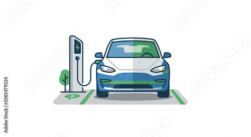 Electric car charging station modern vehicle plugged in for power.