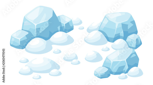 Frozen ice rocks and snow mounds arranged in an isometric view for winter landscape, cold environment, or arctic scenery design elements.