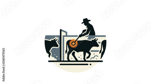 Farmer Branding Cattle with Hot Iron in Rural Farm Setting.