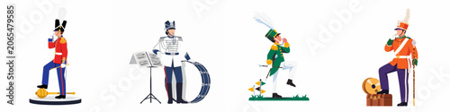 Φωτογραφία Collection of four diverse marching band drum majors and leaders in colorful ceremonial uniforms with instruments and whistles on white background