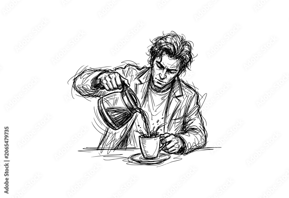 Obraz premium Man Pouring Coffee Sketch