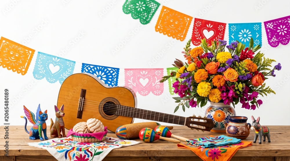 Naklejka premium Vibrant Cultural Festival Setup Featuring Traditional Folk Art, Musical Instruments, Bright Flowers, and Decorative Banners, Evoking a Joyful Celebration