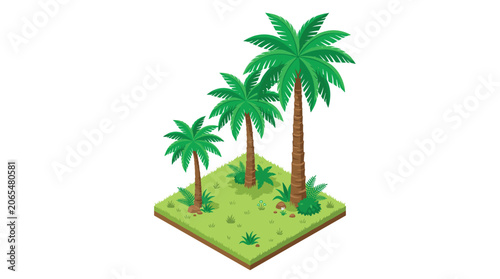 Three tropical palm trees of varying heights growing on a small square grassy patch with small plants and rocks in an isometric view for summer or vacation concepts.