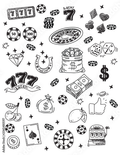 Casino and Gambling Doodles Set Retro Hand Drawn Las Vegas Icon Elements