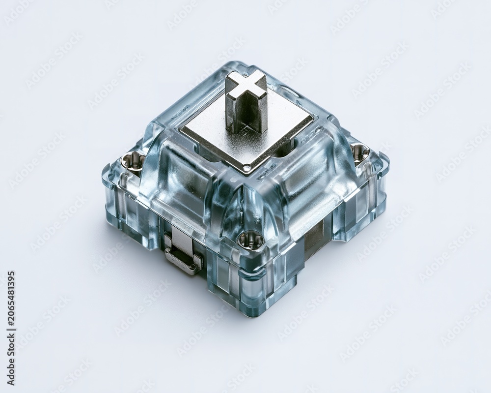 Fototapeta premium Clear, transparent mechanical keyboard switch with metallic top cap and screws.