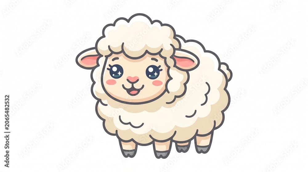 Fototapeta premium A cartoon-style illustration of a cheerful sheep with a fluffy white coat and pink ears on a plain white background.