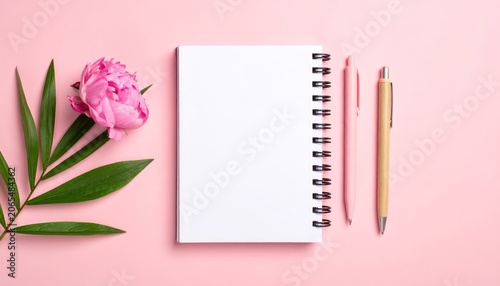 Blank Notebook with Pen and Flower.