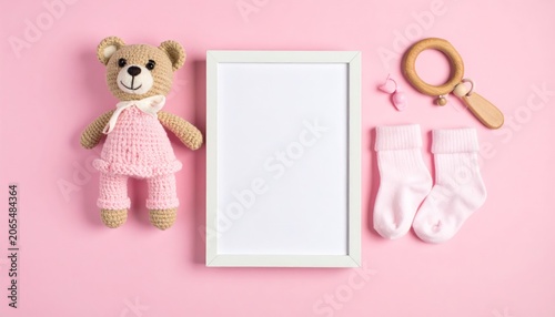 Baby Girl Accessories and Teddy Bear on Pink Background.