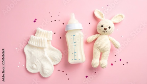 Baby Essentials and Toy on Pink Background.