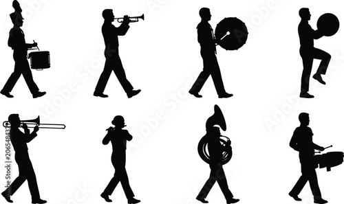 Black silhouettes of marching band musicians playing instruments in parade performance