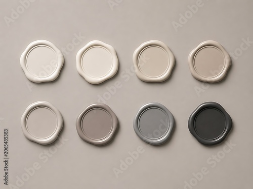 Eight circular wax seals in a gradient of colors from light beige to dark charcoal gray, arranged in two rows on a neutral light gray surface