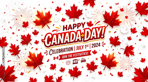 Vibrant maple leaf decorations celebrate Canada Day festivities in a joyful outdoor party atmosphere with fireworks and patriotic banners.