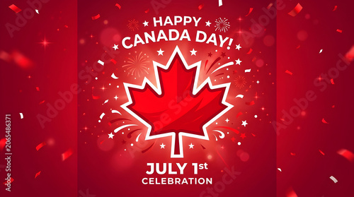 A vibrant red Canada Day celebration poster features a prominent maple leaf.