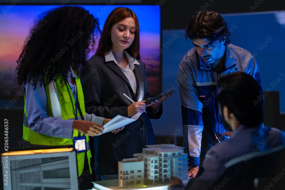 Fototapeta premium South Asian male construction professional presents architectural plans while colleagues review a scale model in a dark smart building control room.