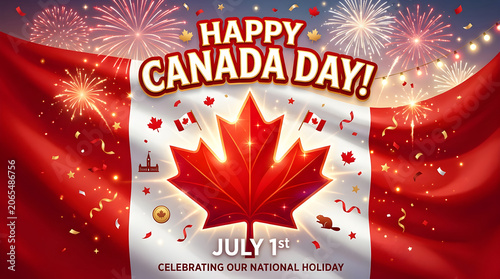 A vibrant Canada Day celebration with fireworks, a maple leaf, and red ribbons on a joyful summer evening in the city.