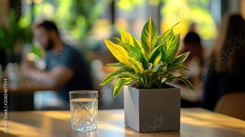 bright, warm, and natural light photograph shows a decorative plant in a square gray pot next to a glass of water on a wooden table, soft background out of focus, hints of human figures