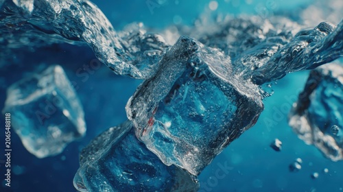 Ice Cubes Plunge into Water Creating Splashes and Bubbles Under Blue Water