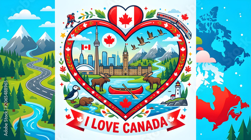 Vibrant illustration of Canada showcasing mountains, forests, cityscape, and maple leaf symbol within a heart.
