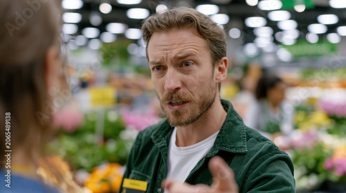 .Wütender Mann streitet in einem Supermarkt, Blick über die Schulter. Konzept für Kundenbeschwerde, Konflikt im Einzelhandel und schlechten Kundenservice