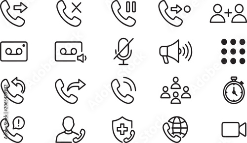Set of 24 vector linear icons. call and communication line icons set. phone icon collection.