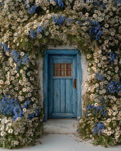 Rustic blue wooden door surrounded by white and blue blooming flower garden wall
