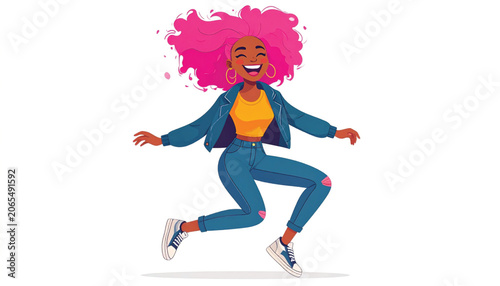 Woman with pink hair dancing energetically.
