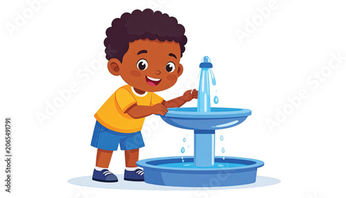 Young Boy Drinking from Fountain Water.