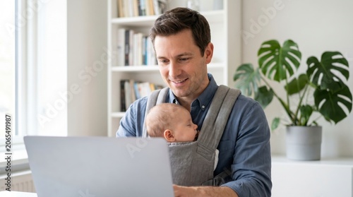 A professional father working from home on a laptop while carrying his sleeping baby in a carrier
