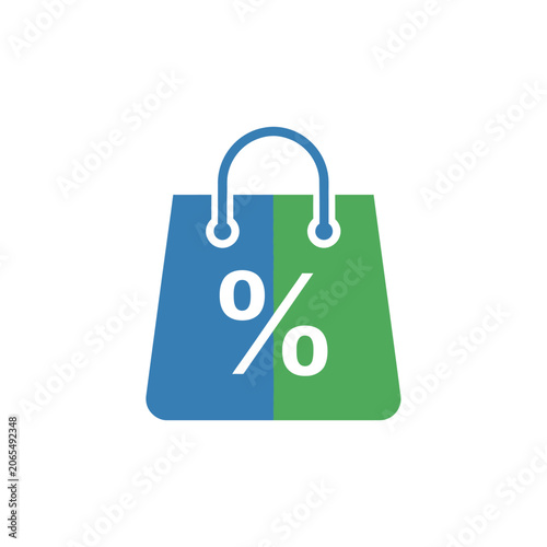 Blue and green shopping bag icon with percentage symbol