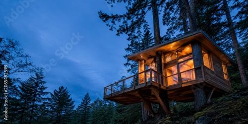 Modern wooden treehouse with glass walls illuminated at twilight in a dense evergreen forest canopy