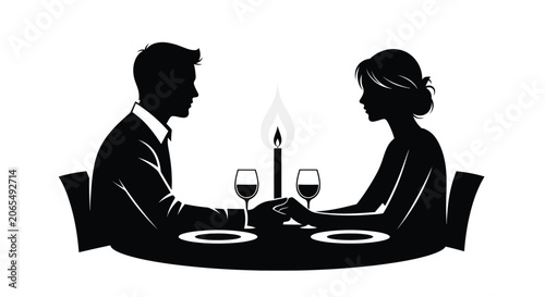 Tableau sur toile Couple dining at a candlelit table black silhouette
