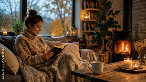 Young woman reading a book by the fireplace in a cozy living room during a rainy autumn evening
