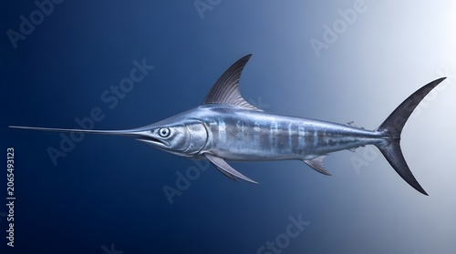 Marlin, fish and ocean predator swimming in deep water for sport fishing, marine biology and aquatic adventure. Big game trophy, swordfish and sailfish in blue sea for wildlife conservation and outdo