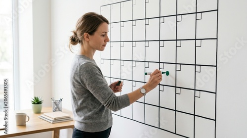 Focused professional woman writing on a large wall calendar grid planning schedule in a bright office