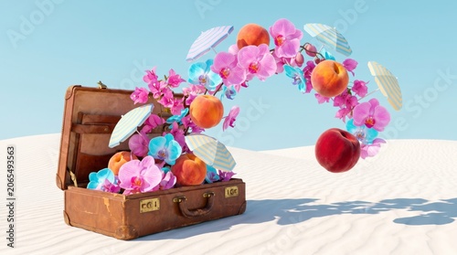 Classic weathered brown leather suitcase opening on white sand dunes with floating peaches and orchids