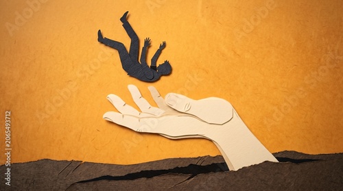 Minimalist papercut art of a large cream hand catching a falling dark man silhouette on an orange backdrop, concept of bankruptcy support, accident insurance, and business safety net.