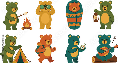 Photography Cute Cartoon Bear Camping Character Set with Cute Bears Hiking, Roasting Marshma