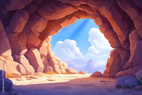 A detailed cartoon illustration in a vertical orientation showcases a cave entrance within a towering