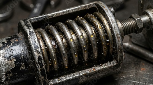 Close up view of a heavy duty metal coil spring in a workshop.