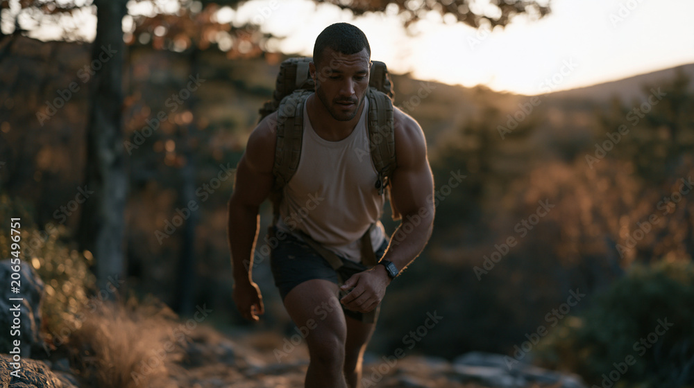 Naklejka premium Rucking solo athlete climbs a steep forest trail at golden hour, weighted pack frame visible above shoulders, autumn canopy overhead, step counter on wrist, outdoor fitness