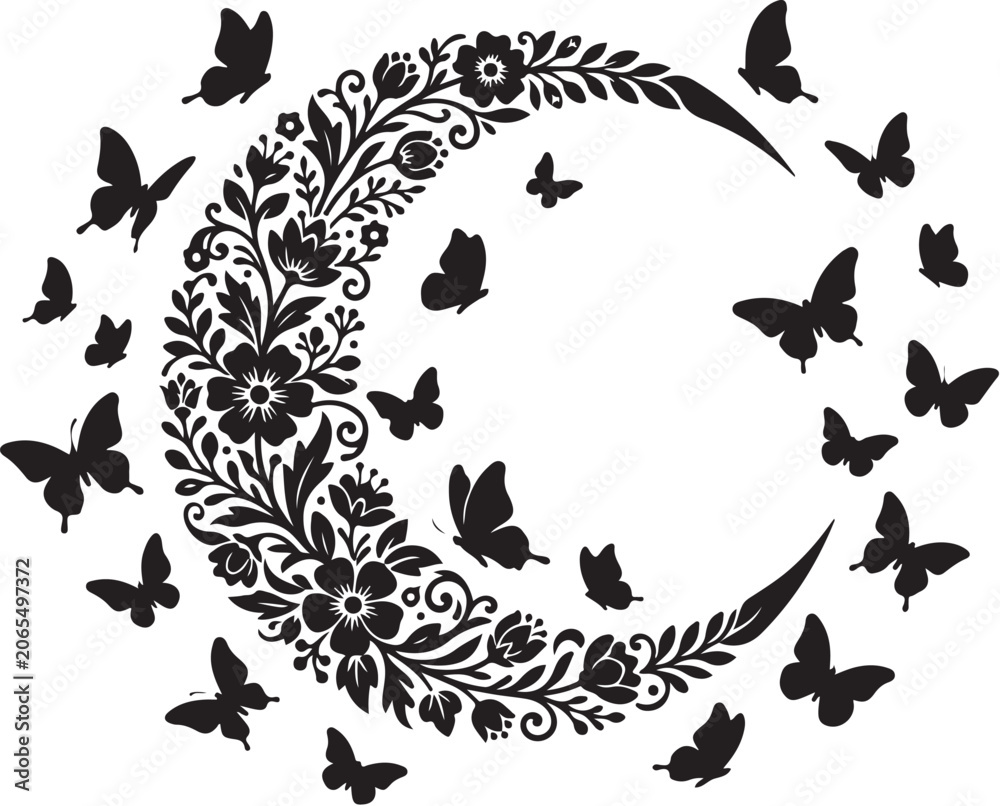 Fototapeta premium Black floral crescent moon, butterfly silhouettes, decorative vector icon, lunar botanical design