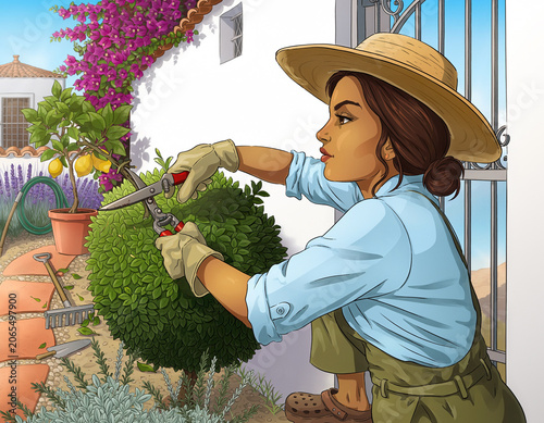 Illustration of an woman gardener trimming a shrub with pruning shears in a yard.