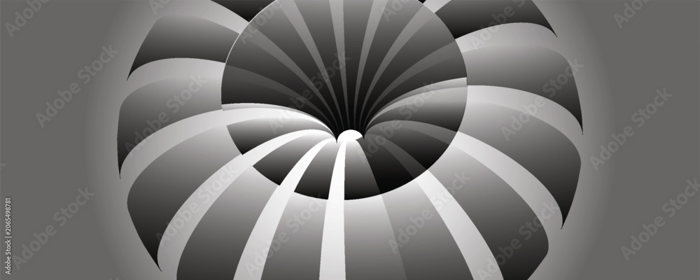 Naklejka premium Abstract geometric background with 3d torus tunnel structure. Minimalist black and white optical illusion swirl lines pattern vector banner.
