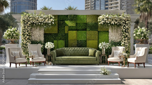 Green Sofa Stage with Floral Backdrop