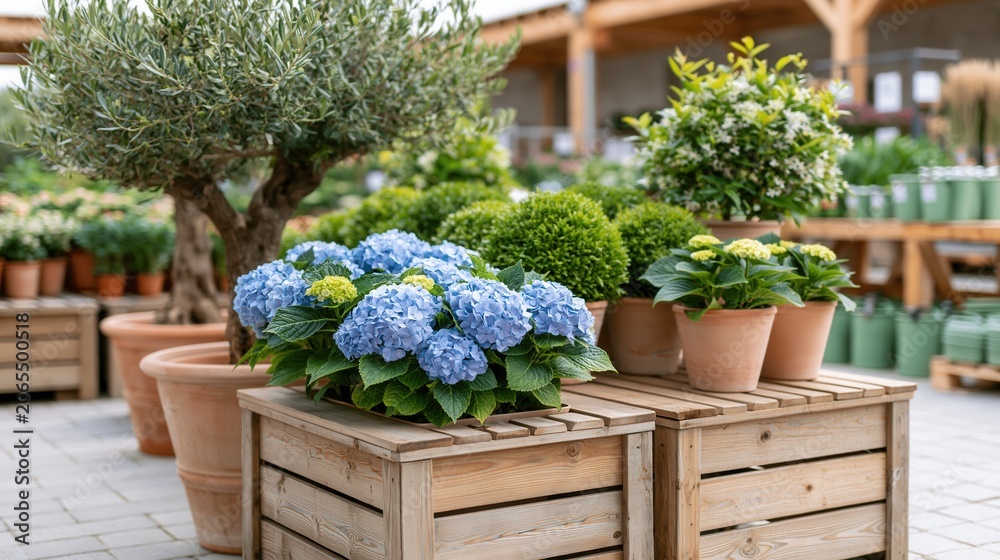 Fototapeta premium Beautiful blue hydrangea flowers and potted plants in a garden center.