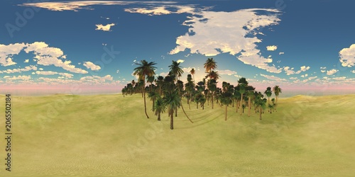 HDRI High resolution map. environment map, Round panorama, spherical panorama, equidistant projection, panoramic landscape of the oasis in the desert, 3D rendering