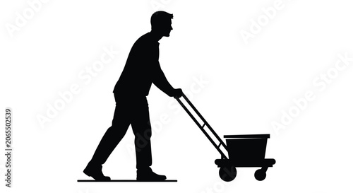 Konstfotografi Man pushing utility cart black silhouette against white background