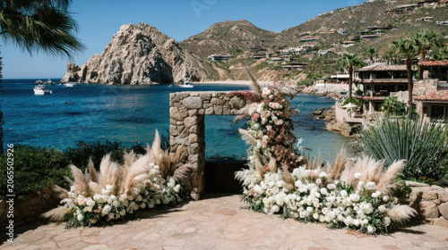 Coastal Wedding Arch with Stone Gate and Floral Arrangement